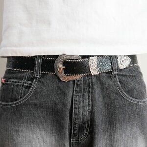 y2k floral embossed western black belt — boho gothic style